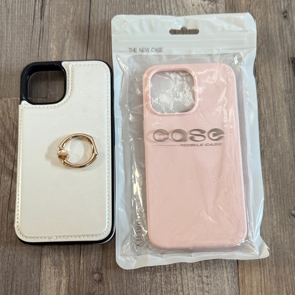 Lot of 2! iPhone 13pro cases- White wallet w/holder and Pink Phone SiliconeCase